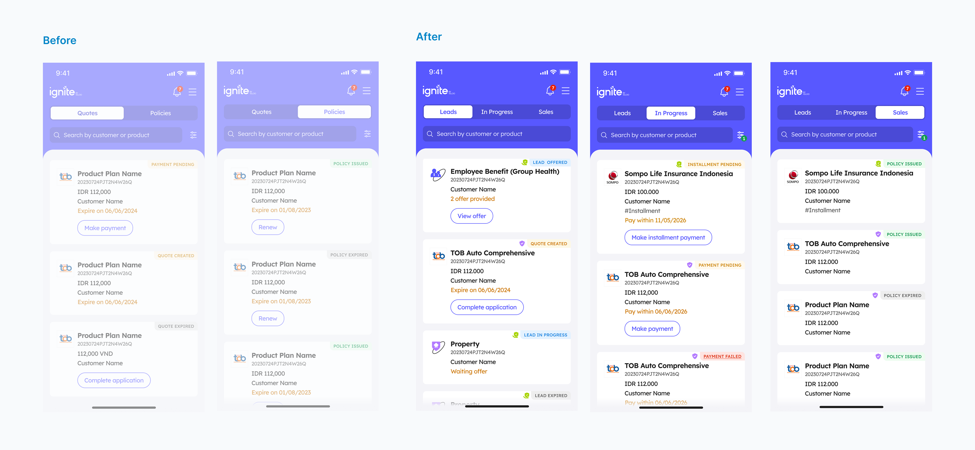 Original Quotes and Policies categories compared with the redesigned Leads, In Progress, and Sales pages